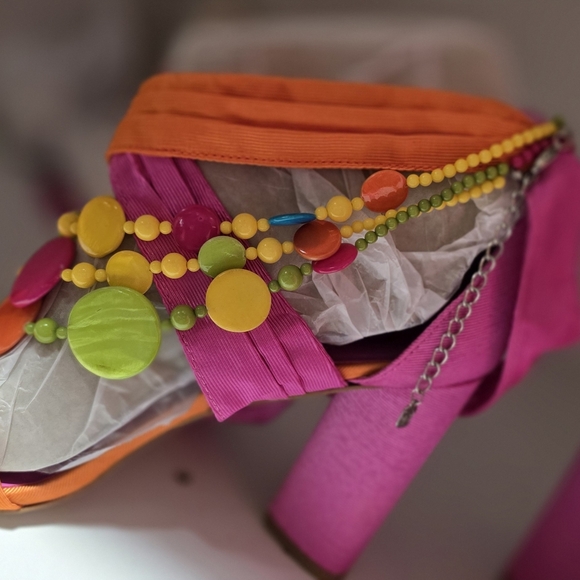 GIANNI BINI ribbon pink orange lace up heels block sexy weekend event 8M. - Picture 3 of 7